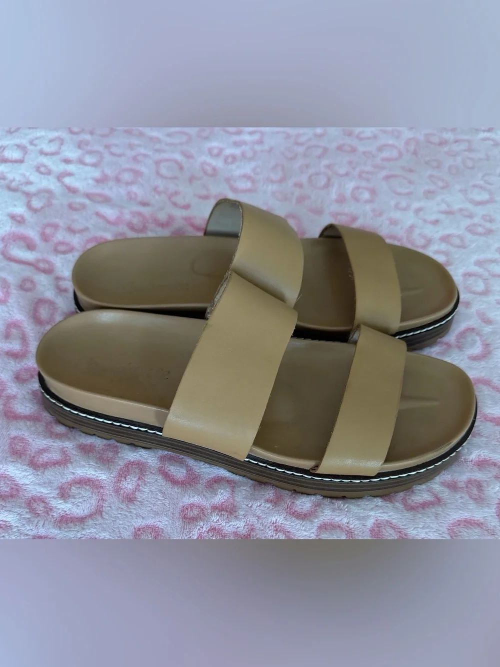 Madewell The Charley Double-Strap Camel Brown Leather Slide Sandals Size: 8.5
